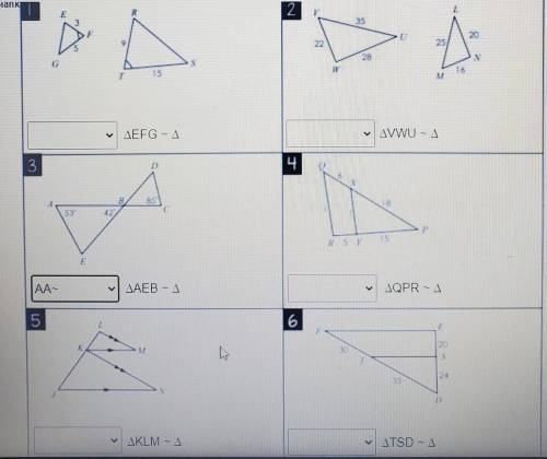 Directions: Determine wheter the triangles are similar or not, then select AA~, SSS~, SAS~, or not