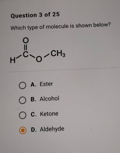 Don't mind the marked answer but I need help. please!!

Which type of molecule is shown below? A.