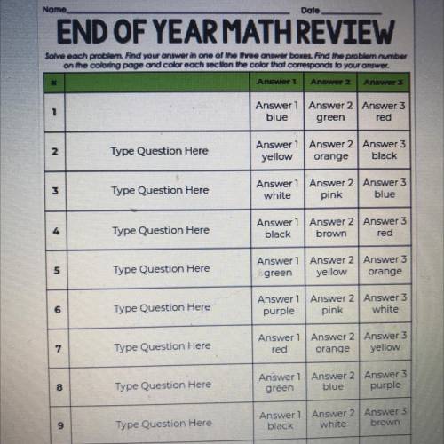 Name

Dote
END OF YEAR MATH REVIEW
Solve each problem and your answer in one of the treenworbores.