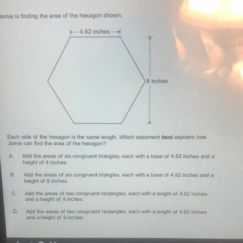 Which statement best explains how jamie can find the area of the hexagon?