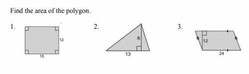 Find the area of the polygon

I would like all 3 answers and how to get them (show work). 
Thanks!