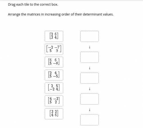 Drag each tile to the correct box.

Arrange the matrices in increasing order of their determinant