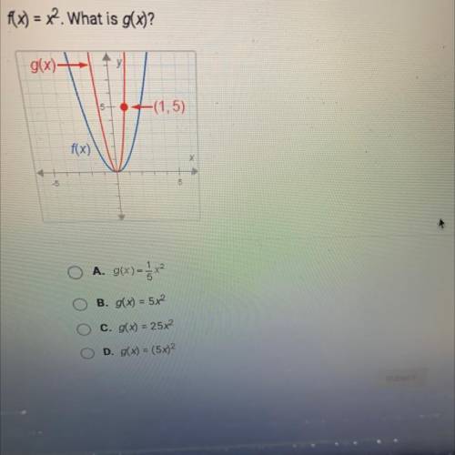 F(x) = x2. What is g(x)?

A. g(x)=1/5x^2
B. g(x) = 5x^2
c. g(x) = 25x²
D. g(x) = (5x)2
i’m need of