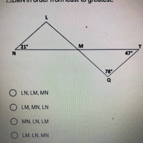 Given the image below which of the following correctly puts LMN in order from least to greatest