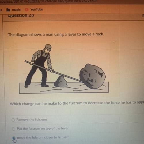 The diagram shows a man using a lever to move a rock.

Which change can he make to the fulcrum to