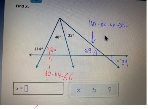 Find x. (Finding an angle measure given extended triangles) Please helpppppp