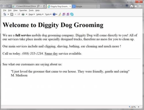 Situation: Review the Diggity Dog Grooming web page below and write the HTML code that was used to