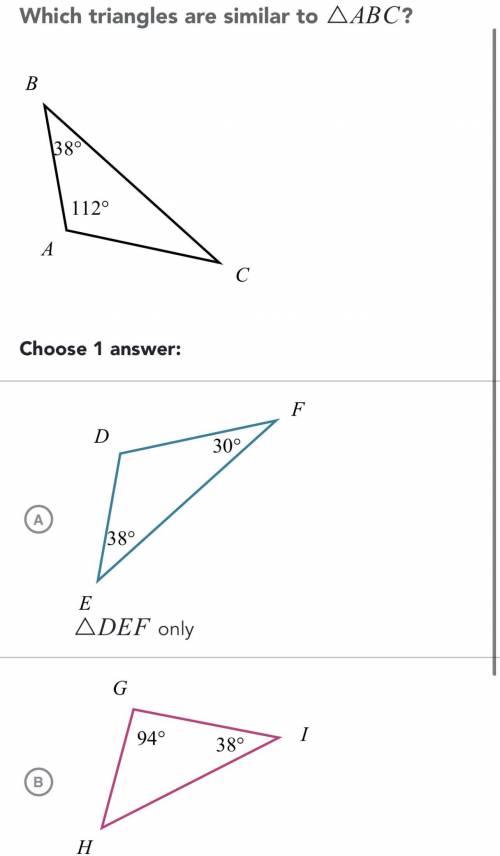 Which triangles are similar to abc? 38 112 degrees