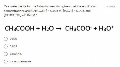 Calculate the Ka for the following reaction given that the equilibrium concentrations are [CH3COO-]
