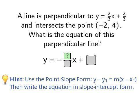 A line perpendicular to y=2/3x+2/3. and intersects the point (-2,4). What is the equation of this p