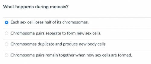 What happens during Meiosis 
Answer the image
Choose 1 of 4
