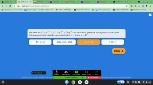 What phytagorean triple could be generated using x=8 and y=3?