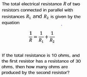 The total electrical resistance R of two resistors connected in parallel with resistances R1 and R2