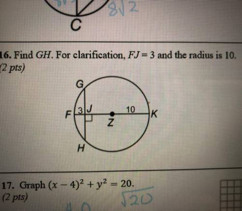 Find GH. For clarification, FJ= 3 and the radius is 10.