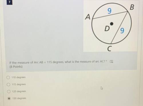 If the measure of Arc AB = 115 degrees, what is the measure of arc AC?

110 degrees
115 degrees
12
