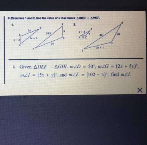 Geometry 8.3 in exercises 1 and 2, find the value of x that makes ABC - RST

GIVEN DEF GHI M D = 5