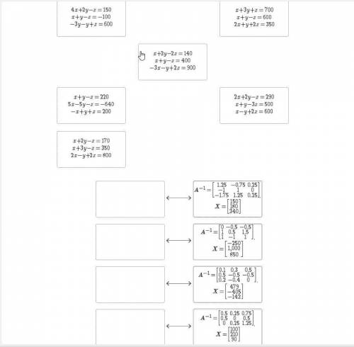 Match each system of equations to the inverse of its coefficient matrix, A-1, and the matrix of its