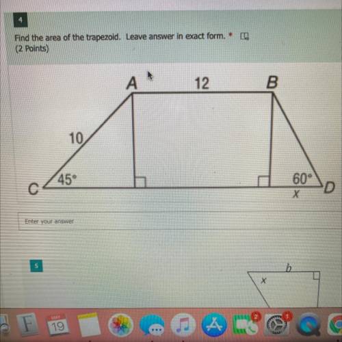 Please help. I have 5 mins left!! Find the area of the trapezoid. Leave in exact form.