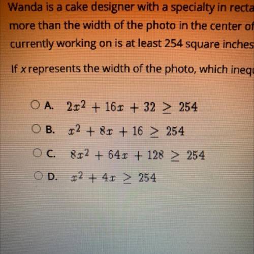 Select the correct answer.

Wanda is a cake designer with a specialty in rectangular silk screen p
