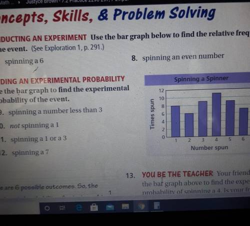 Use the bar graph to find the experimental probability of the event.

9. spinning a number 10. not