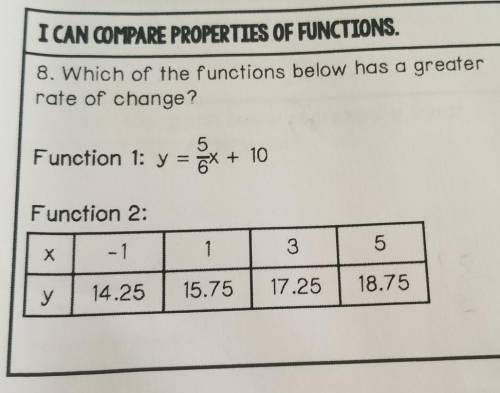 8. Which of the functions below has a greater rate of change? 5 Function 1: y = 5/6x + 10 Function