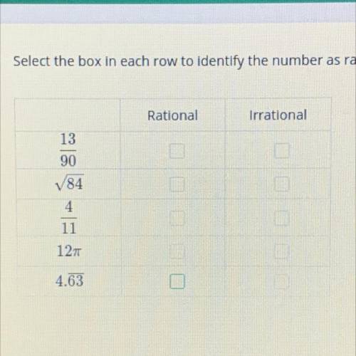 Select the box in each row to identify the number as rational or irrational.
