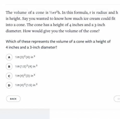 The volume of a cone is ⅓

π
πr
2
​2
​​ h. In this formula, r is radius and h is height. Say you w
