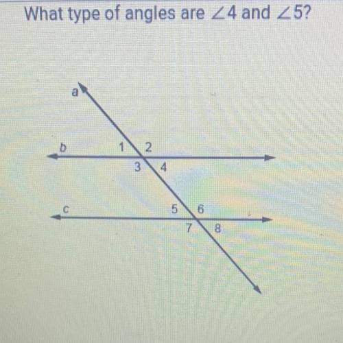A. Vertical angles

B. Alternate exterior angles
C. Alternate interior angles
D. Supplementary ang
