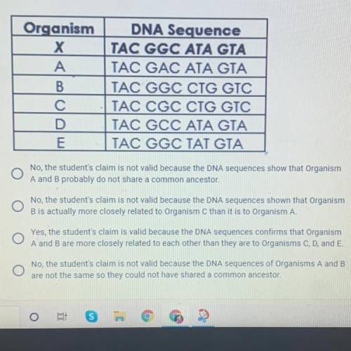 Based on the DNA sequences shown below, a student makes the claim that

Organism A is most closely