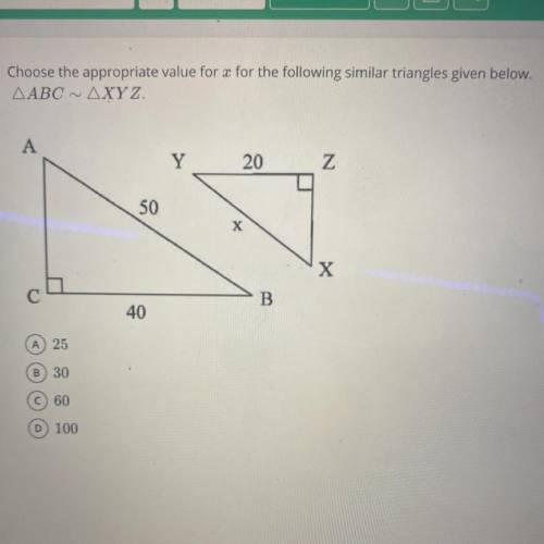 Choose the appropriate value for x for the following similar triangles given below.
AABC ~ AXYZ.