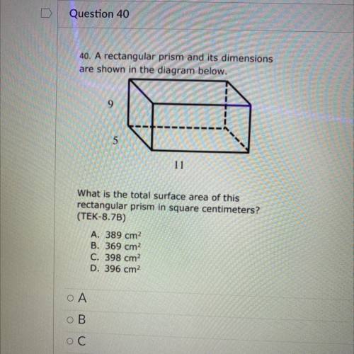 A rectangular prism and its dimensions are shown in the diagram below

What is the total surface a
