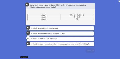 Oscar uses place values to divide 63.81 by 9. His steps are shown below. What mistake does Oscar ma