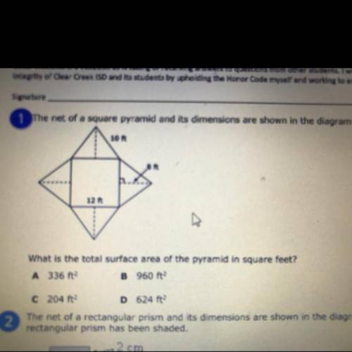 The net of a square pyramid and its dimensions are shown in the diagram.

10 it
81
12 ft
What is t