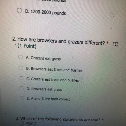 2. How are browsers and grazers different? *

(1 Point)
A. Grazers eat grass
B. Browsers eat trees