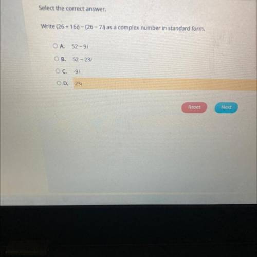 Select the correct answer.
Write (26 + 161) - (26 - 71 as a complex number in standard form.