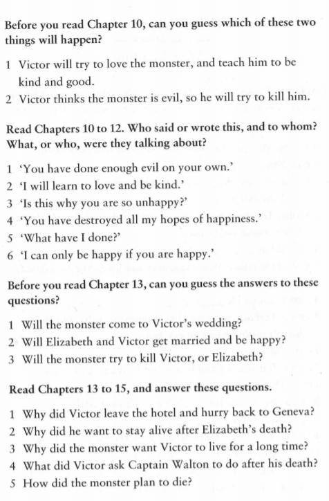 Someone to help me with these questions from the book frankenstein stage 3 Oxford Bookworms
