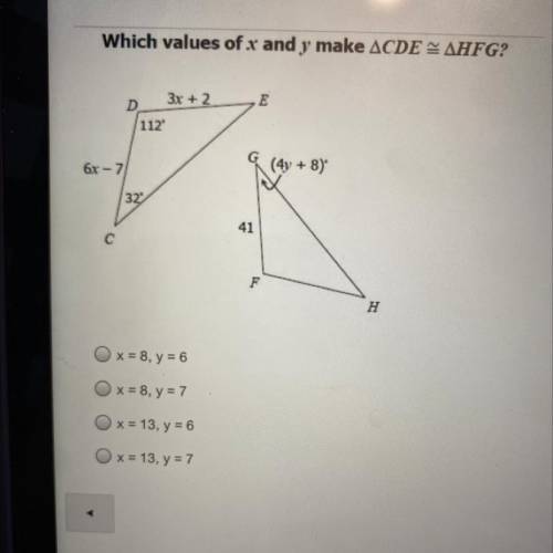 Which values of x and y make triangle CDE = triangle HFG?