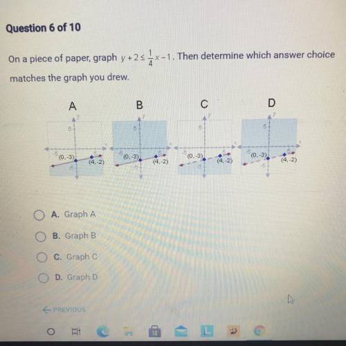 On a piece of paper graph y+2 1/4 x -1, Then determine which answer choice matches the graph you dr