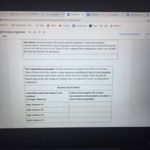 Language and Thought Essay Organizer

Just like we charted Lakoff's and Deutscher's arguments with