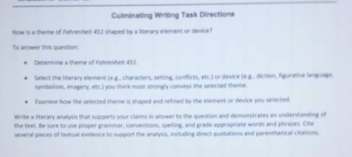 Culminating Writing Task Directions

How is a theme of Fahrenheit 451 shaped by a literary element