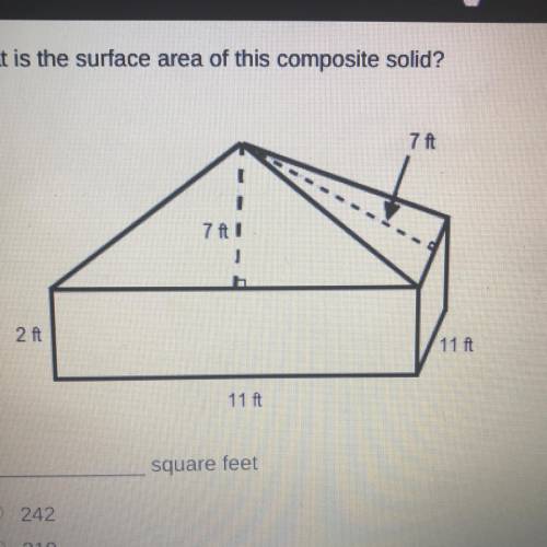 What is the surface area of this composite solid?
7 ft
7 ft
2 ft
11 ft
11 ft