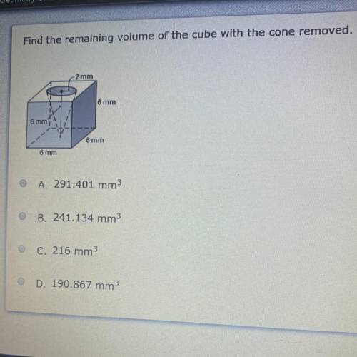 Find the remaining volume of the cube with the cone removed.