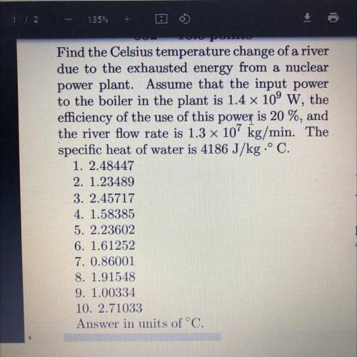 Find the Celsius temperature change of a river due to the exhausted energy from a nuclear power pla