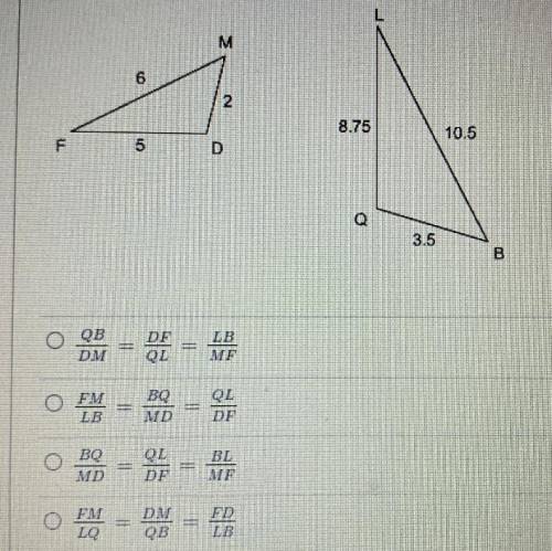These triangles are similar and the sides are proportional. Which proportion correctly describes th