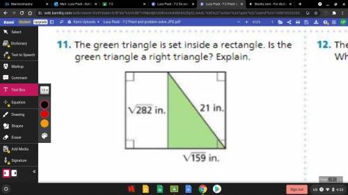 The green triangle is set inside a rectangle. is the green triangle a right angle? explain.
