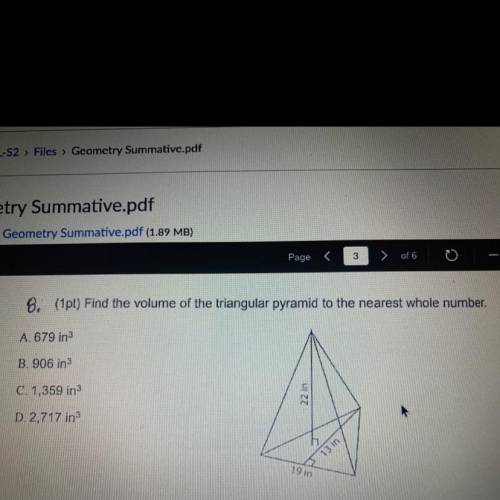 8. (1pt) Find the volume of the triangular pyramid to the nearest whole number.

A. 679 in 3
B. 90