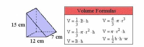 20 POINTS!!!
Calculate the volume of the right triangular prism shown below.
