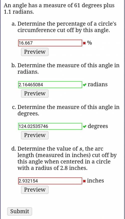 An angle has a measure of 61 degrees plus 1.1 radians.

Determine the percentage of a circle's cir