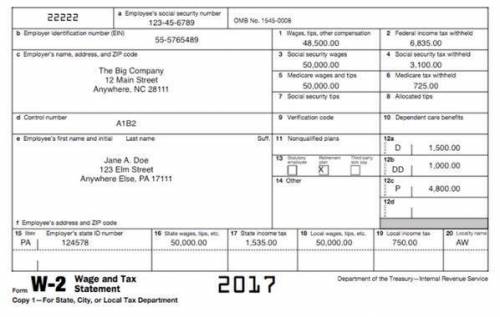 Based on the W2 form above, how much money did Jane Doe get to take home after taxes in 2017?