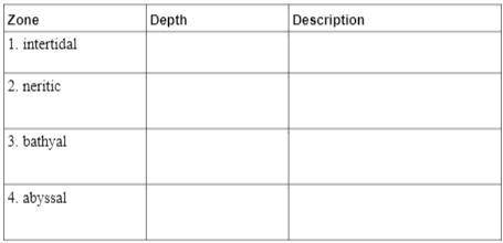 Complete the following table with information about ocean zones.